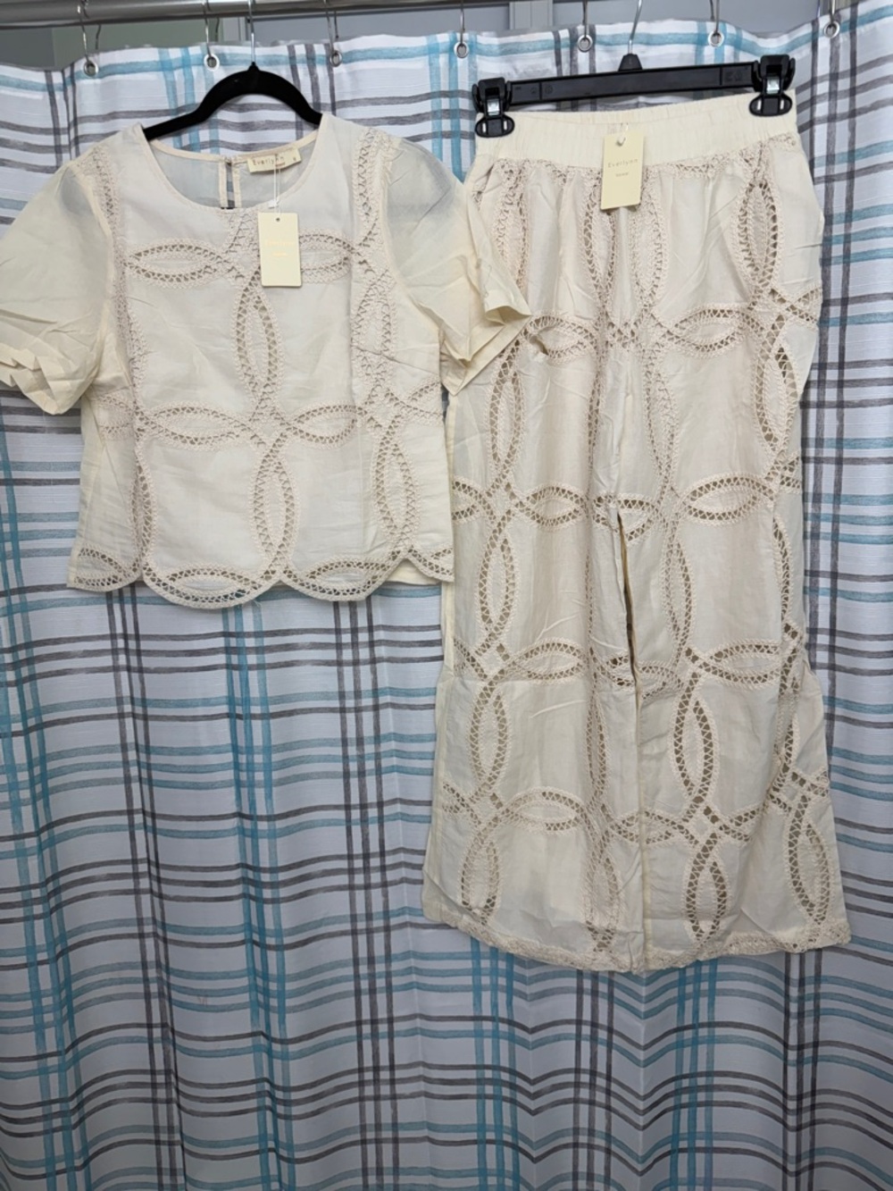 Cream Eyelet Two-Piece Set with Scalloped Hem